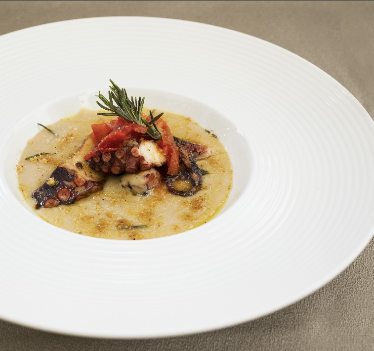 Pan-seared octopus on cannellini bean cream and cherry tomato jam